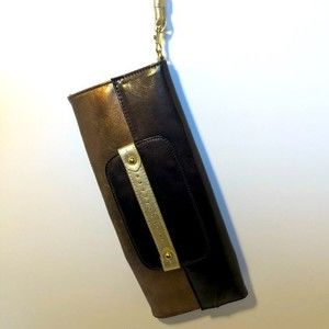 Brown & bronze clutch with gold wrist strap